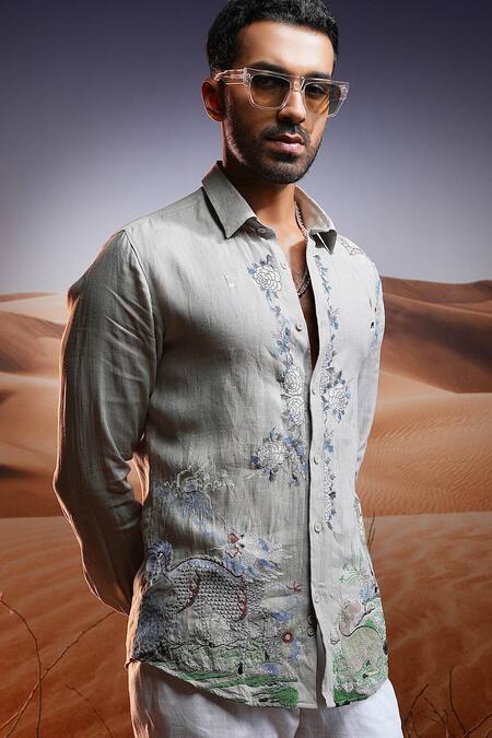 Buy Asuka Grey Linen Embroidery Phoenix Whisper Shirt Online at Aza Fashions Buy_Asuka_Grey Linen Embroidery Phoenix Whisper Shirt _Online_at_Aza_Fashions