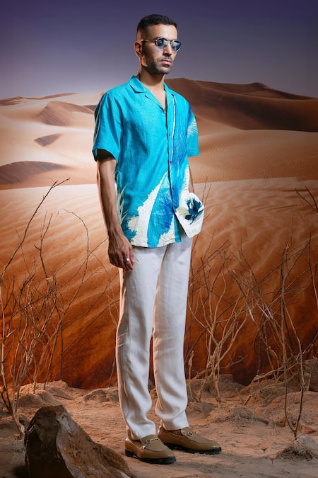 Asuka Blue Linen Mirage Hand Painted Shirt Online at Aza Fashions Asuka_Blue Linen Mirage Hand Painted Shirt _Online_at_Aza_Fashions