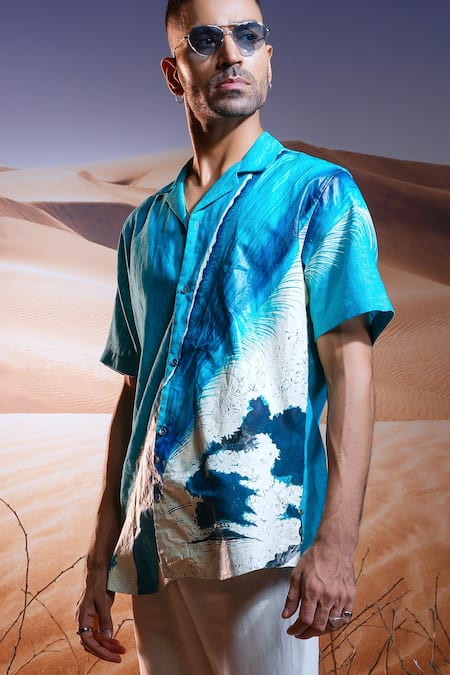 Buy Asuka Blue Linen Mirage Hand Painted Shirt Online at Aza Fashions Buy_Asuka_Blue Linen Mirage Hand Painted Shirt _Online_at_Aza_Fashions