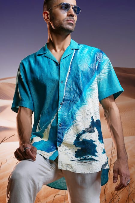 Shop Asuka Blue Linen Mirage Hand Painted Shirt Online at Aza Fashions Shop_Asuka_Blue Linen Mirage Hand Painted Shirt _Online_at_Aza_Fashions