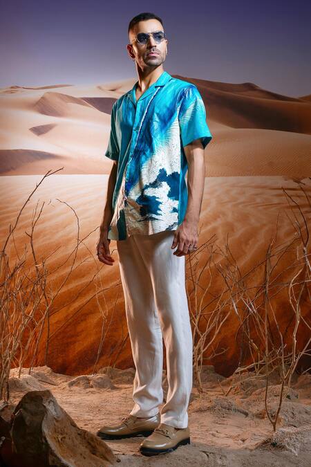 Asuka Blue Linen Mirage Hand Painted Shirt at Aza Fashions Asuka_Blue Linen Mirage Hand Painted Shirt _at_Aza_Fashions