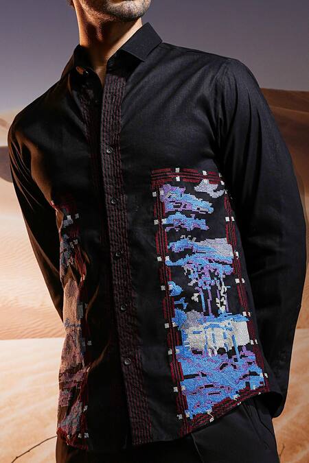 Shop Asuka Black Linen Embroidery Obsidian Shirt Online at Aza Fashions Shop_Asuka_Black Linen Embroidery Obsidian Shirt _Online_at_Aza_Fashions