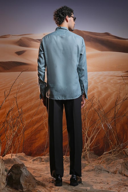 Shop Asuka Blue Linen Northern Waves Hand Painted Shirt at Aza Fashions Shop_Asuka_Blue Linen Northern Waves Hand Painted Shirt _at_Aza_Fashions