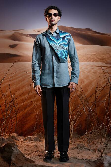Asuka Blue Linen Northern Waves Hand Painted Shirt Online at Aza Fashions Asuka_Blue Linen Northern Waves Hand Painted Shirt _Online_at_Aza_Fashions