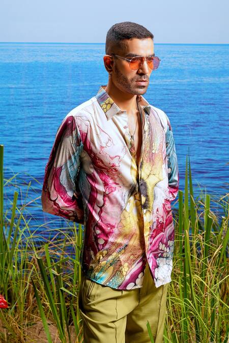 Shop Asuka Multi Color Habutai Silk Printed Swirl Crimson Abyss Shirt Online at Aza Fashions Shop_Asuka_Multi Color Habutai Silk Printed Swirl Crimson Abyss Shirt _Online_at_Aza_Fashions