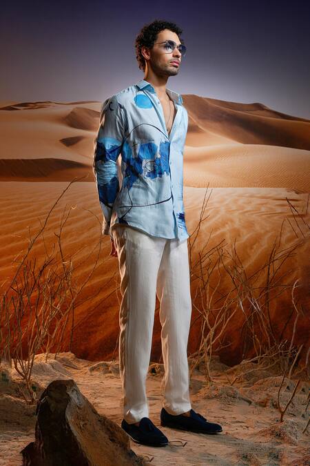 Asuka Blue Linen Cut Work Twilight Dunes Handpainted Shirt Online at Aza Fashions Asuka_Blue Linen Cut Work Twilight Dunes Handpainted Shirt _Online_at_Aza_Fashions