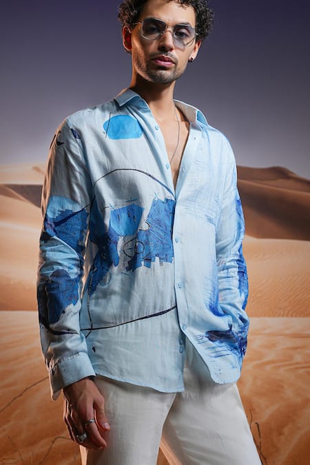 Shop Asuka Blue Linen Cut Work Twilight Dunes Handpainted Shirt Online at Aza Fashions Shop_Asuka_Blue Linen Cut Work Twilight Dunes Handpainted Shirt _Online_at_Aza_Fashions