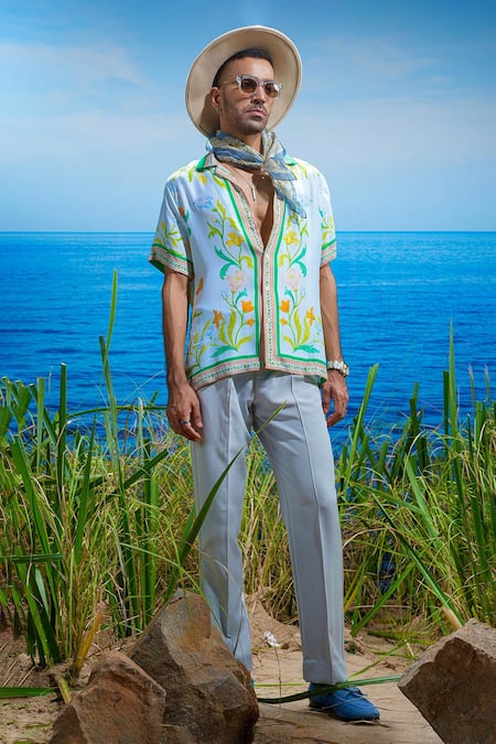 Asuka_Blue Silk Arcadian Meadow Print Shirt _Online_at_Aza_Fashions
