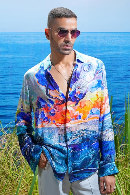 Buy_Asuka_White Habutai Silk Printed Cosmic Wave Shirt _Online_at_Aza_Fashions