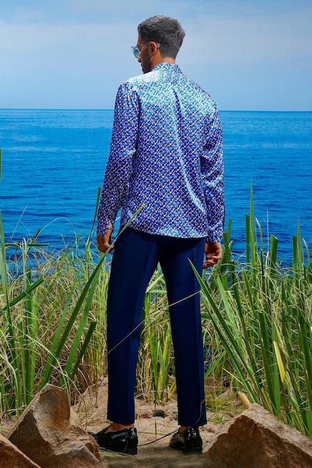 Shop Asuka Blue Liberty Habutai Silk Print Prismatic Horizon Shirt at Aza Fashions Shop_Asuka_Blue Liberty Habutai Silk Print Prismatic Horizon Shirt _at_Aza_Fashions