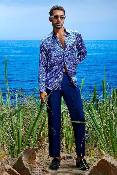 Asuka Blue Liberty Habutai Silk Print Prismatic Horizon Shirt Online at Aza Fashions Asuka_Blue Liberty Habutai Silk Print Prismatic Horizon Shirt _Online_at_Aza_Fashions