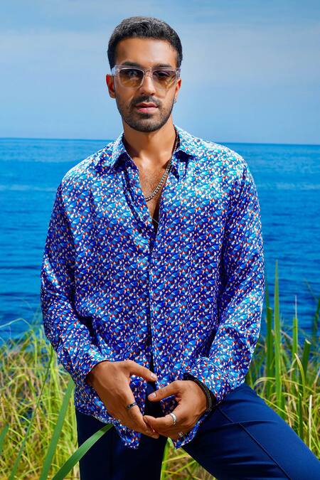 Buy Asuka Blue Liberty Habutai Silk Print Prismatic Horizon Shirt Online at Aza Fashions Buy_Asuka_Blue Liberty Habutai Silk Print Prismatic Horizon Shirt _Online_at_Aza_Fashions