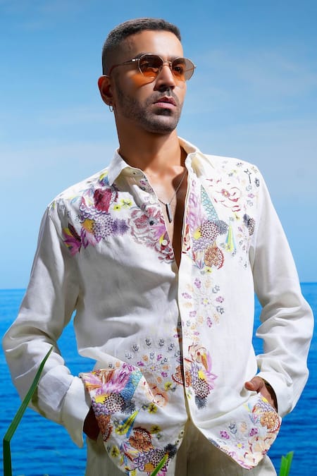 Buy_Asuka_White Linen Embroidery Floral Odyssey Shirt _Online_at_Aza_Fashions