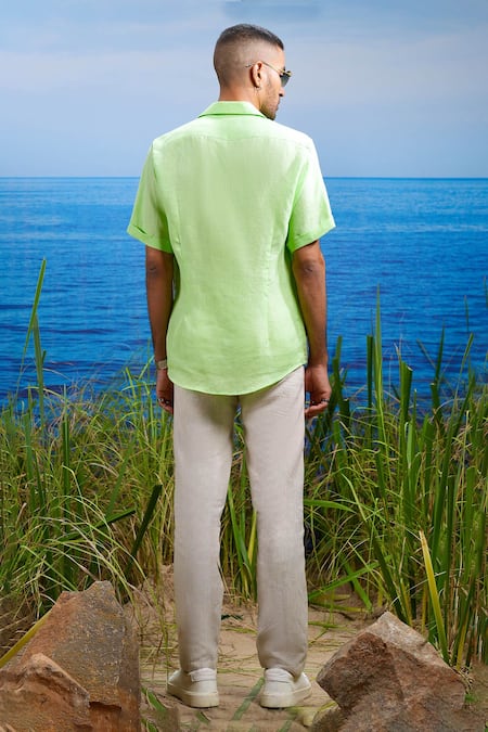 Shop Asuka Green Linen Embroidery Tropical Oasis Cuban Shirt at Aza Fashions Shop_Asuka_Green Linen Embroidery Tropical Oasis Cuban Shirt _at_Aza_Fashions