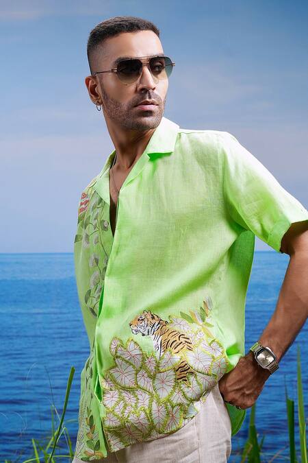 Buy Asuka Green Linen Embroidery Tropical Oasis Cuban Shirt Online at Aza Fashions Buy_Asuka_Green Linen Embroidery Tropical Oasis Cuban Shirt _Online_at_Aza_Fashions