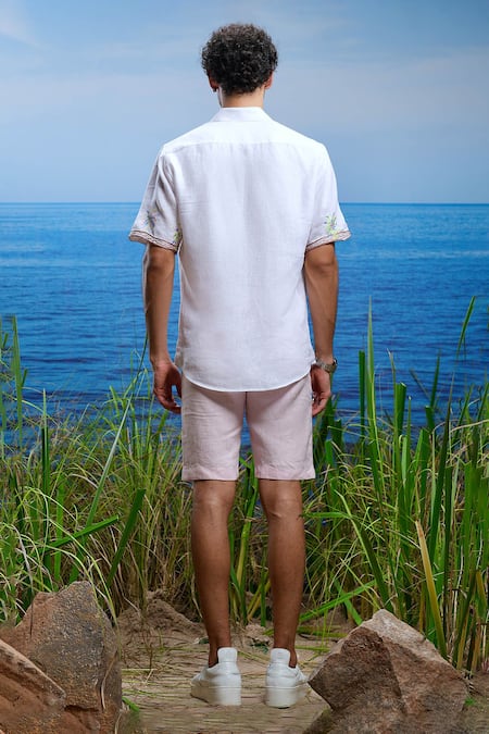 Shop Asuka White Linen Embroidery Palm Oasis Shirt at Aza Fashions Shop_Asuka_White Linen Embroidery Palm Oasis Shirt _at_Aza_Fashions