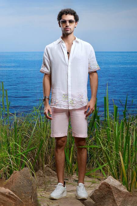Asuka White Linen Embroidery Palm Oasis Shirt Online at Aza Fashions Asuka_White Linen Embroidery Palm Oasis Shirt _Online_at_Aza_Fashions