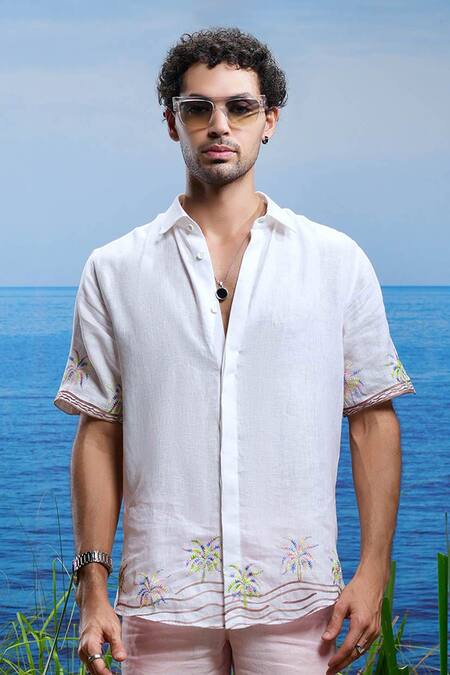 Buy Asuka White Linen Embroidery Palm Oasis Shirt Online at Aza Fashions Buy_Asuka_White Linen Embroidery Palm Oasis Shirt _Online_at_Aza_Fashions