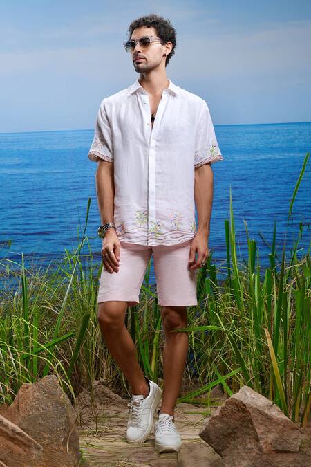 Shop Asuka White Linen Embroidery Palm Oasis Shirt Online at Aza Fashions Shop_Asuka_White Linen Embroidery Palm Oasis Shirt _Online_at_Aza_Fashions