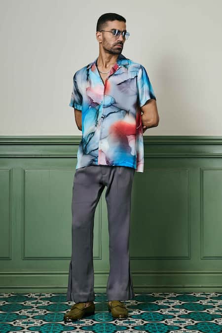 Shop Asuka Blue Habutai Silk Print Oceanic Reverie Shirt at Aza Fashions Shop_Asuka_Blue Habutai Silk Print Oceanic Reverie Shirt _at_Aza_Fashions