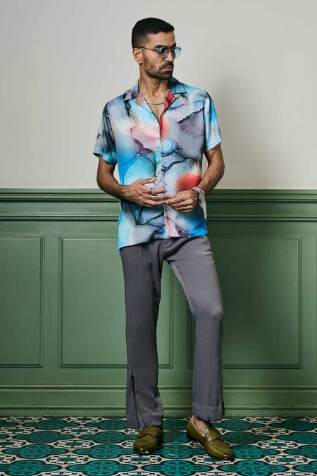 Asuka Blue Habutai Silk Print Oceanic Reverie Shirt Online at Aza Fashions Asuka_Blue Habutai Silk Print Oceanic Reverie Shirt _Online_at_Aza_Fashions