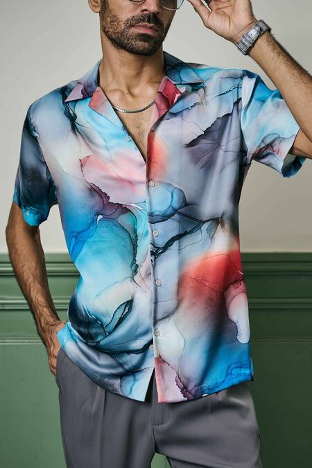 Buy Asuka Blue Habutai Silk Print Oceanic Reverie Shirt Online at Aza Fashions Buy_Asuka_Blue Habutai Silk Print Oceanic Reverie Shirt _Online_at_Aza_Fashions