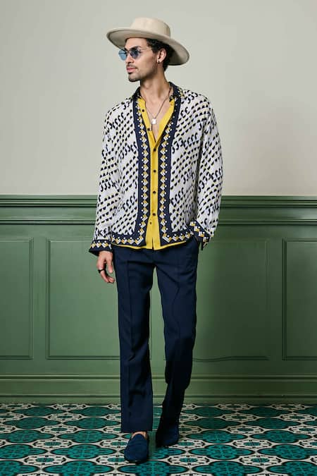 Asuka Aztec Geometry Print Habutai Silk Shirt 