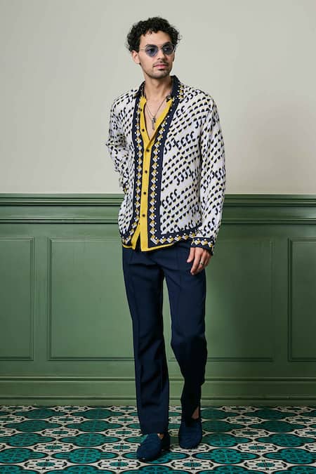 Shop_Asuka_Black Silk Embroidery Aztec Geometry Print Habutai Shirt _at_Aza_Fashions