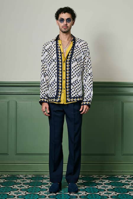 Asuka_Black Silk Embroidery Aztec Geometry Print Habutai Shirt _Online_at_Aza_Fashions