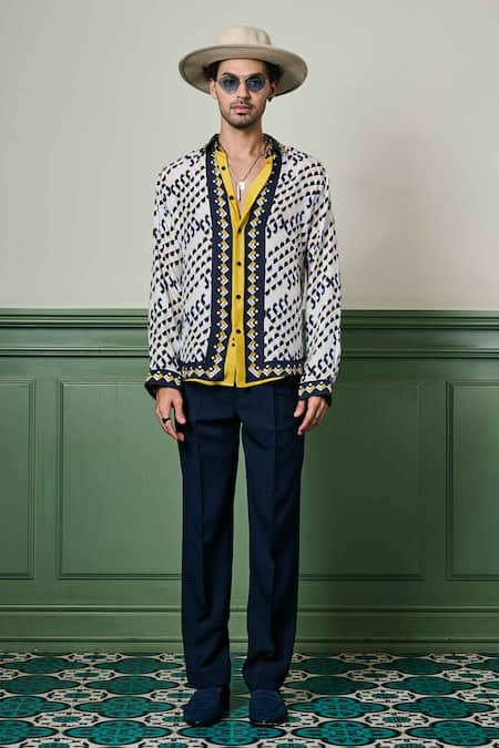 Buy_Asuka_Black Silk Embroidery Aztec Geometry Print Habutai Shirt _Online_at_Aza_Fashions