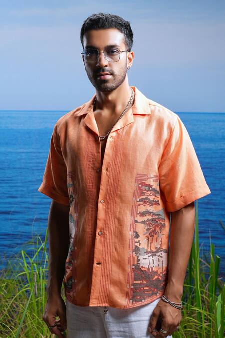 Asuka Orange Linen Embroidery Sunset Stitch Tapestry Shirt Online at Aza Fashions Asuka_Orange Linen Embroidery Sunset Stitch Tapestry Shirt _Online_at_Aza_Fashions
