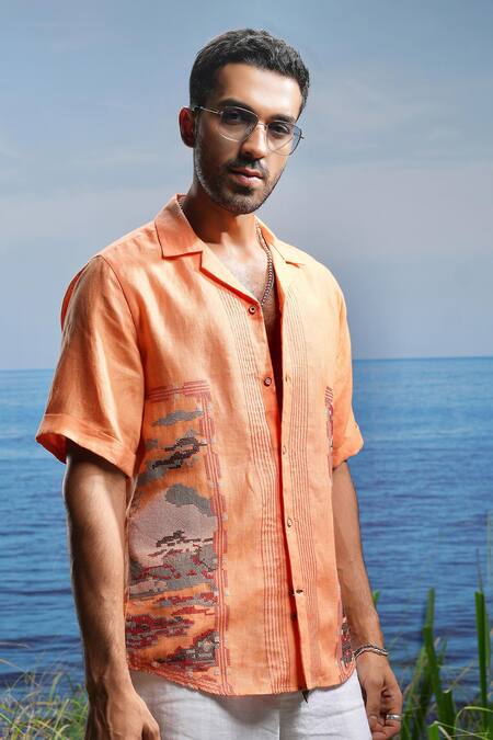 Buy Asuka Orange Linen Embroidery Sunset Stitch Tapestry Shirt Online at Aza Fashions Buy_Asuka_Orange Linen Embroidery Sunset Stitch Tapestry Shirt _Online_at_Aza_Fashions