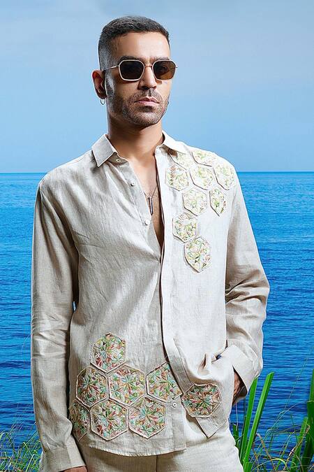 Asuka White Linen Embroidery Sahara Petal Shirt Online at Aza Fashions Asuka_White Linen Embroidery Sahara Petal Shirt _Online_at_Aza_Fashions