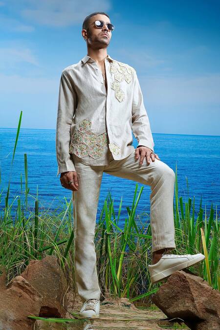 Shop Asuka White Linen Embroidery Sahara Petal Shirt Online at Aza Fashions Shop_Asuka_White Linen Embroidery Sahara Petal Shirt _Online_at_Aza_Fashions