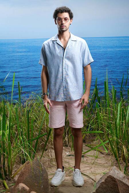 Asuka_Blue Linen Embroidery Oceanic Calm Cuban Shirt _Online_at_Aza_Fashions