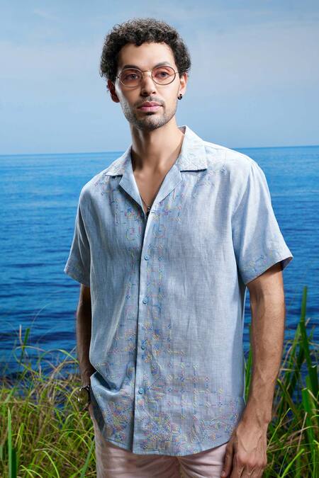 Buy_Asuka_Blue Linen Embroidery Oceanic Calm Cuban Shirt _Online_at_Aza_Fashions