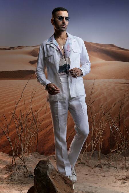 Asuka_White Linen Plain Safari Jacket With Trouser _Online_at_Aza_Fashions