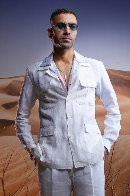 Buy_Asuka_White Linen Plain Safari Jacket With Trouser _Online_at_Aza_Fashions