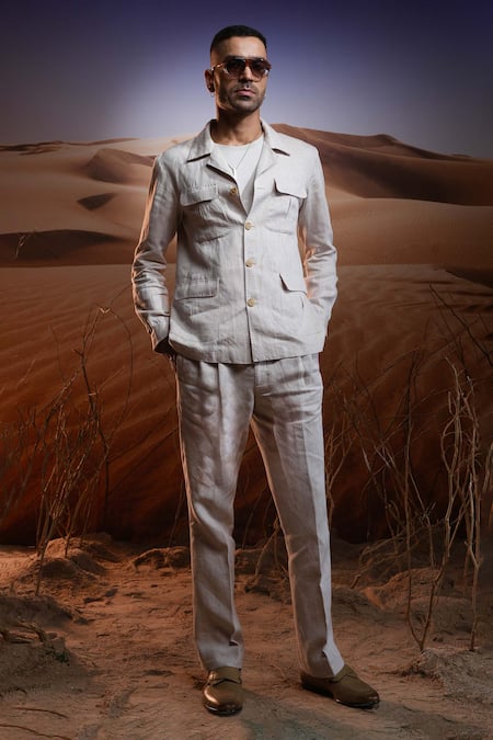 Asuka Beige Linen Plain Dune Sirocco Safari Jacket With Trouser 