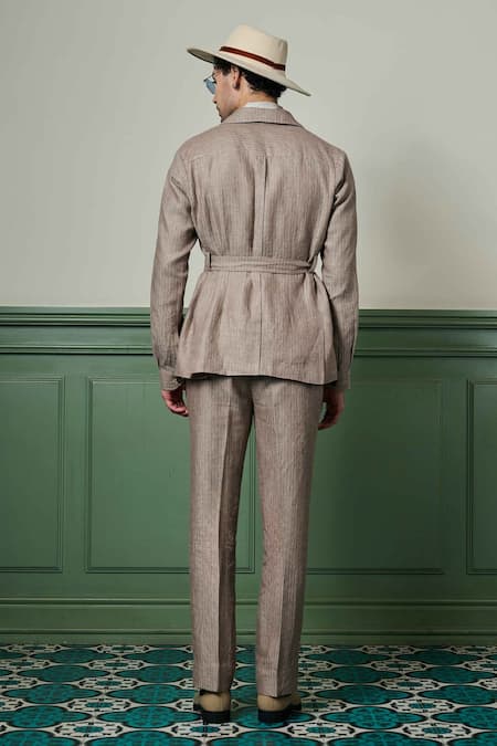 Shop Asuka Beige Linen Herringbone Textured Jacket With Trouser at Aza Fashions Shop_Asuka_Beige Linen Herringbone Textured Jacket With Trouser _at_Aza_Fashions