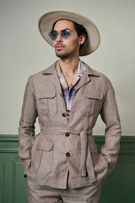 Buy Asuka Beige Linen Herringbone Textured Jacket With Trouser Online at Aza Fashions Buy_Asuka_Beige Linen Herringbone Textured Jacket With Trouser _Online_at_Aza_Fashions