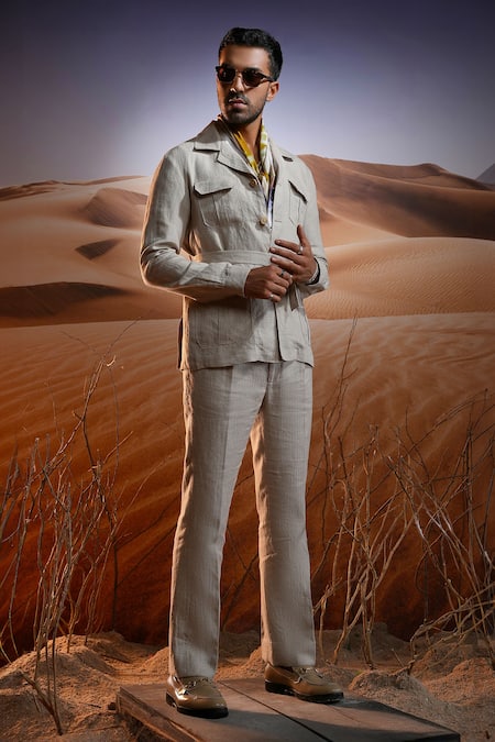 Shop Asuka Beige Hemp, Linen Desert Oasis Herringbone Jacket With Trouser at Aza Fashions Shop_Asuka_Beige Hemp, Linen Desert Oasis Herringbone Jacket With Trouser _at_Aza_Fashions