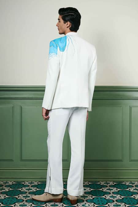 Shop Asuka White Lace Embroidery, Crystals Hand Painted Blazer With Trouser at Aza Fashions Shop_Asuka_White Lace Embroidery, Crystals Hand Painted Blazer With Trouser _at_Aza_Fashions