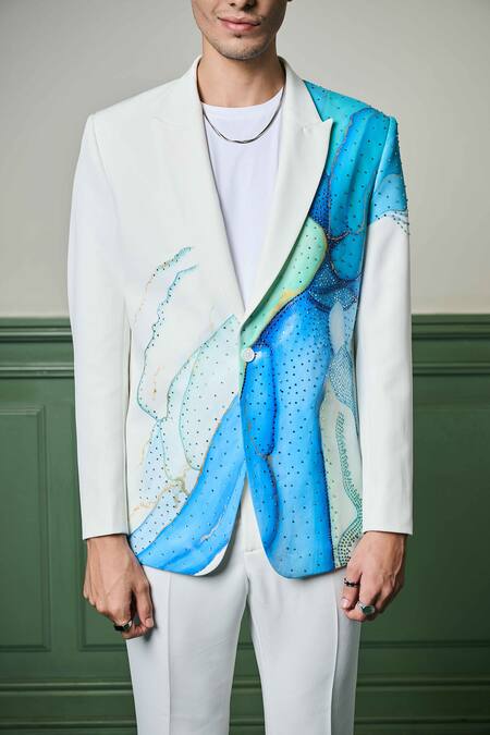 Shop Asuka White Lace Embroidery, Crystals Hand Painted Blazer With Trouser Online at Aza Fashions Shop_Asuka_White Lace Embroidery, Crystals Hand Painted Blazer With Trouser _Online_at_Aza_Fashions