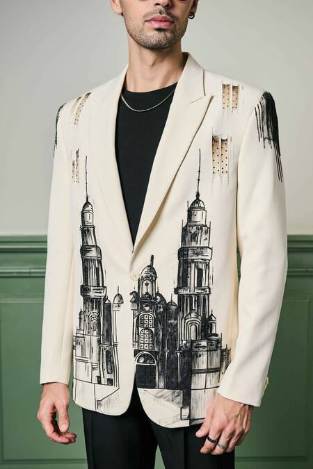 Asuka_Ivory Lace City Scape Hand Painted Blazer With Trouser _Online_at_Aza_Fashions