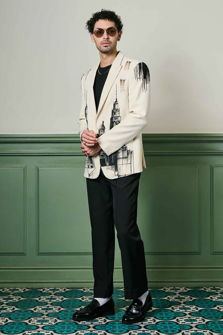 Buy_Asuka_Ivory Lace City Scape Hand Painted Blazer With Trouser _Online_at_Aza_Fashions