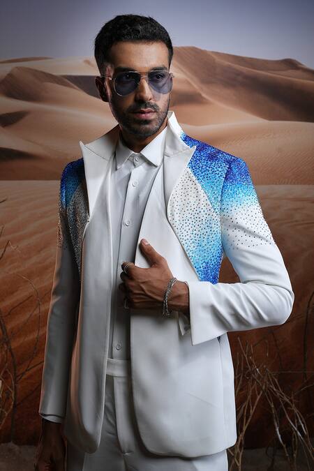 Shop Asuka Blue Lace Smocking, Embroidery Swarovski Hand Blazer With Trouser Online at Aza Fashions Shop_Asuka_Blue Lace Smocking, Embroidery Swarovski Hand Blazer With Trouser _Online_at_Aza_Fashions