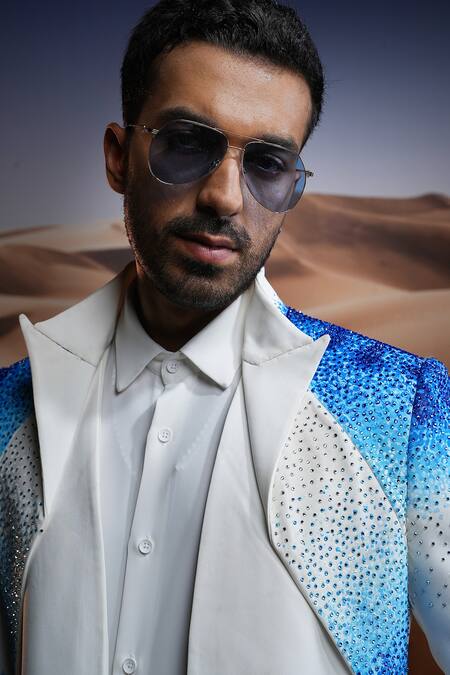 Asuka Blue Lace Smocking, Embroidery Swarovski Hand Blazer With Trouser at Aza Fashions Asuka_Blue Lace Smocking, Embroidery Swarovski Hand Blazer With Trouser _at_Aza_Fashions