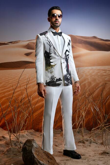 Asuka White Lace Samurai Shadow Hand Painted Blazer With Trouser Online at Aza Fashions Asuka_White Lace Samurai Shadow Hand Painted Blazer With Trouser _Online_at_Aza_Fashions