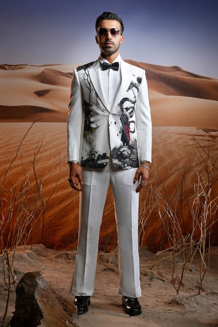 Buy Asuka White Lace Samurai Shadow Hand Painted Blazer With Trouser Online at Aza Fashions Buy_Asuka_White Lace Samurai Shadow Hand Painted Blazer With Trouser _Online_at_Aza_Fashions